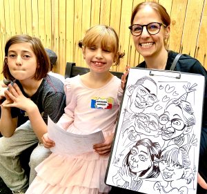 Mom, daughter and son showing their caricature.